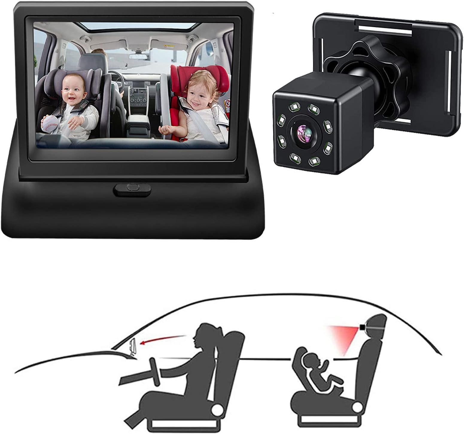Beauenty Baby Car Mirror, 1080P 360° Baby Car Camera Monitor, 4.3'' HD Wide View Car Seat Mirror Camera with Night Vision Function, Wide Crystal Clear View, Easily Observe the Baby’s Move