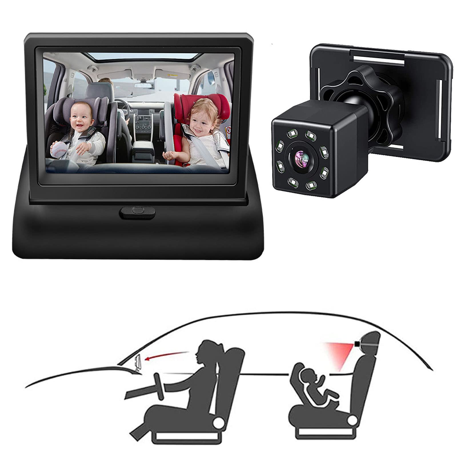 Beauenty Baby Car Mirror, 1080P 360° Baby Car Camera Monitor, 4.3'' HD Wide View Car Seat Mirror Camera with Night Vision Function, Wide Crystal Clear View, Easily Observe the Baby’s Move