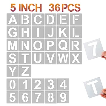 5 Inch Letter Stencils and Numbers, 36 Pcs Alphabet Art Craft Stencils, Reusable Plastic Art Craft Stencils for Wood, Wall, Fabric, Rock, Chalkboard, Signage, DIY School Art Projects