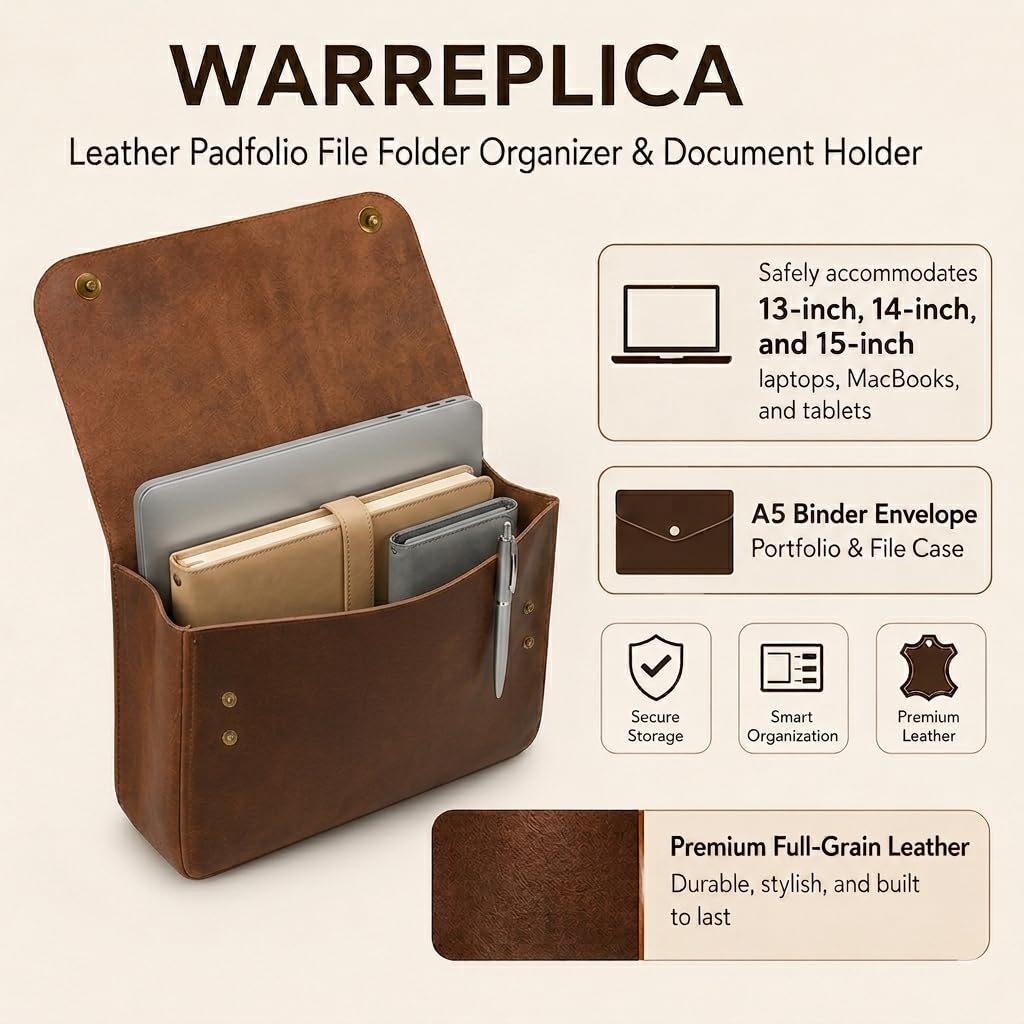 Warreplica Leder-Padfolio, Aktenordner & Dokumentenmappe | Geräumige Leder-Laptoptasche für 13-, 14- und 15-Zoll-Laptops, Tablets & MacBooks | A5-Ordner, Umschlag, Portfolio & Dokumentenhülle