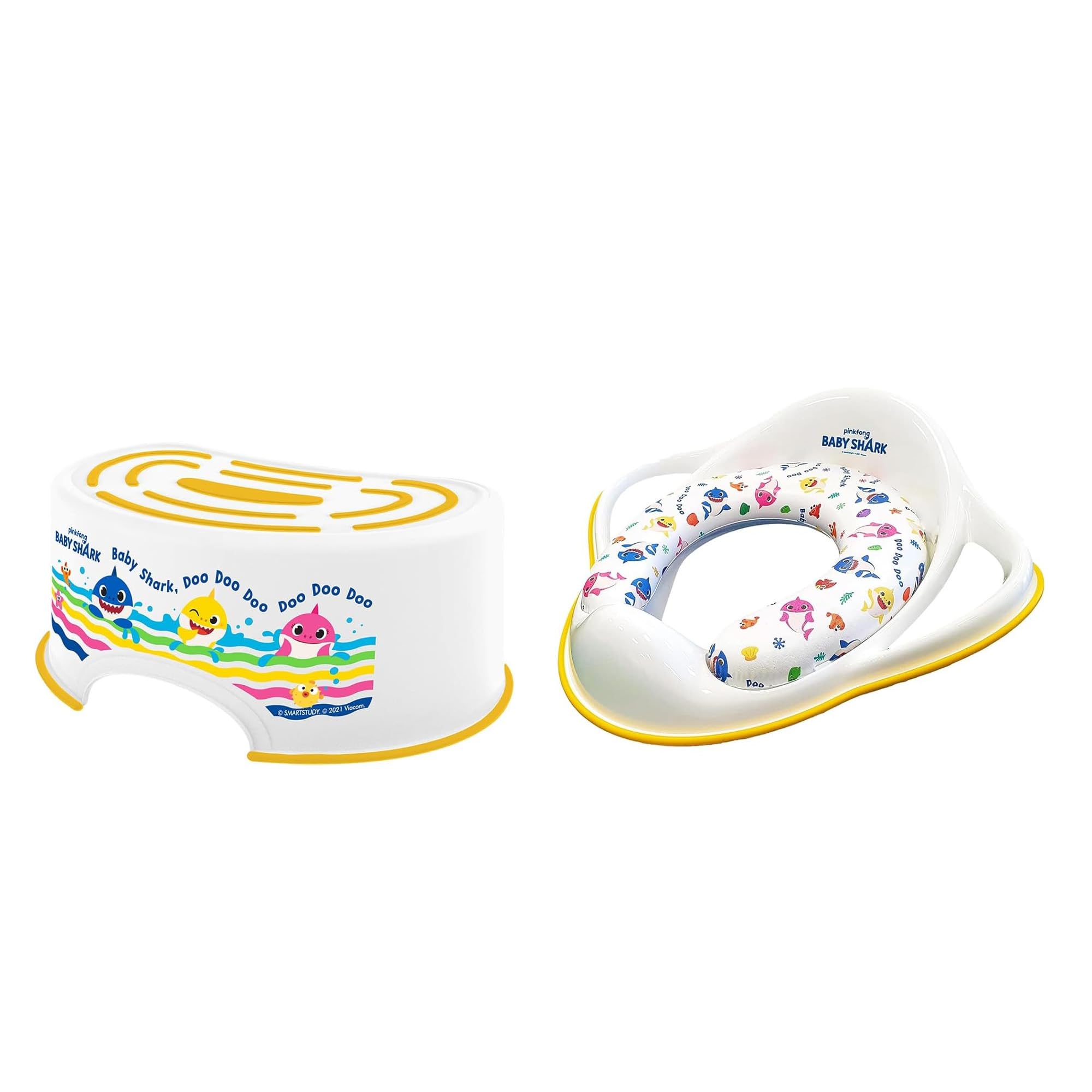 Baby Shark Step Stool Plus Baby Shark Padded Seat, Kids Toilet Training, Detachable Cushion, Lightweight, Anti-Stick Portable Seat 18M+ Toddler Toilet Range Yellow