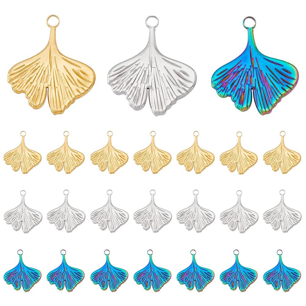 DICOSMETIC 24Pcs 3 Colors Ginkgo Leaf Charms Golden Ginkgo Charms Autumn Leaf Charms Vintage Small Hole Leaf Charms 3mm Stainless Steel Dangle Charms Supplies for DIY Jewelry Making
