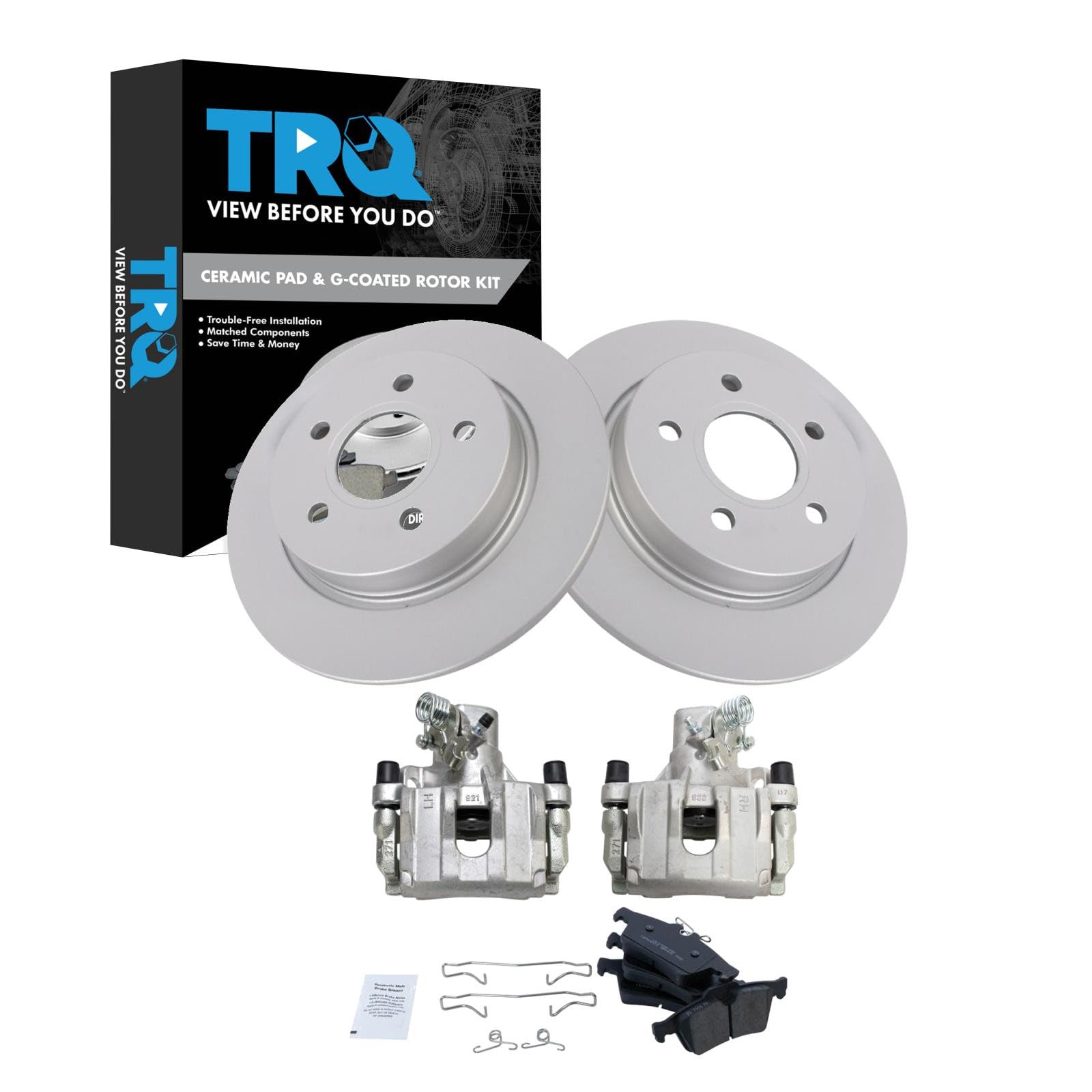 TRQ Rear Brake Pad and Rotor Set Ceramic Solid Rotors Calipers