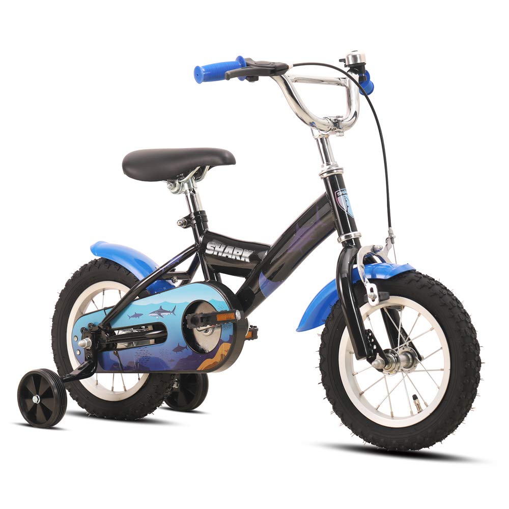 JOYSTAR Shark Bicicletas para niños de 12 pulgadas para niños de 2 a 4 años, bicicleta infantil de 12 pulgadas con ruedas estabilizadoras, negro