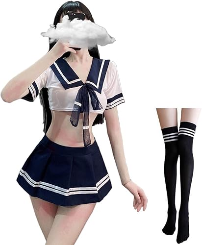 SINROYEE Lencería sexy para mujer, traje de colegialas, lencería de juego de rol, disfraz de marinero con calcetines encantadores