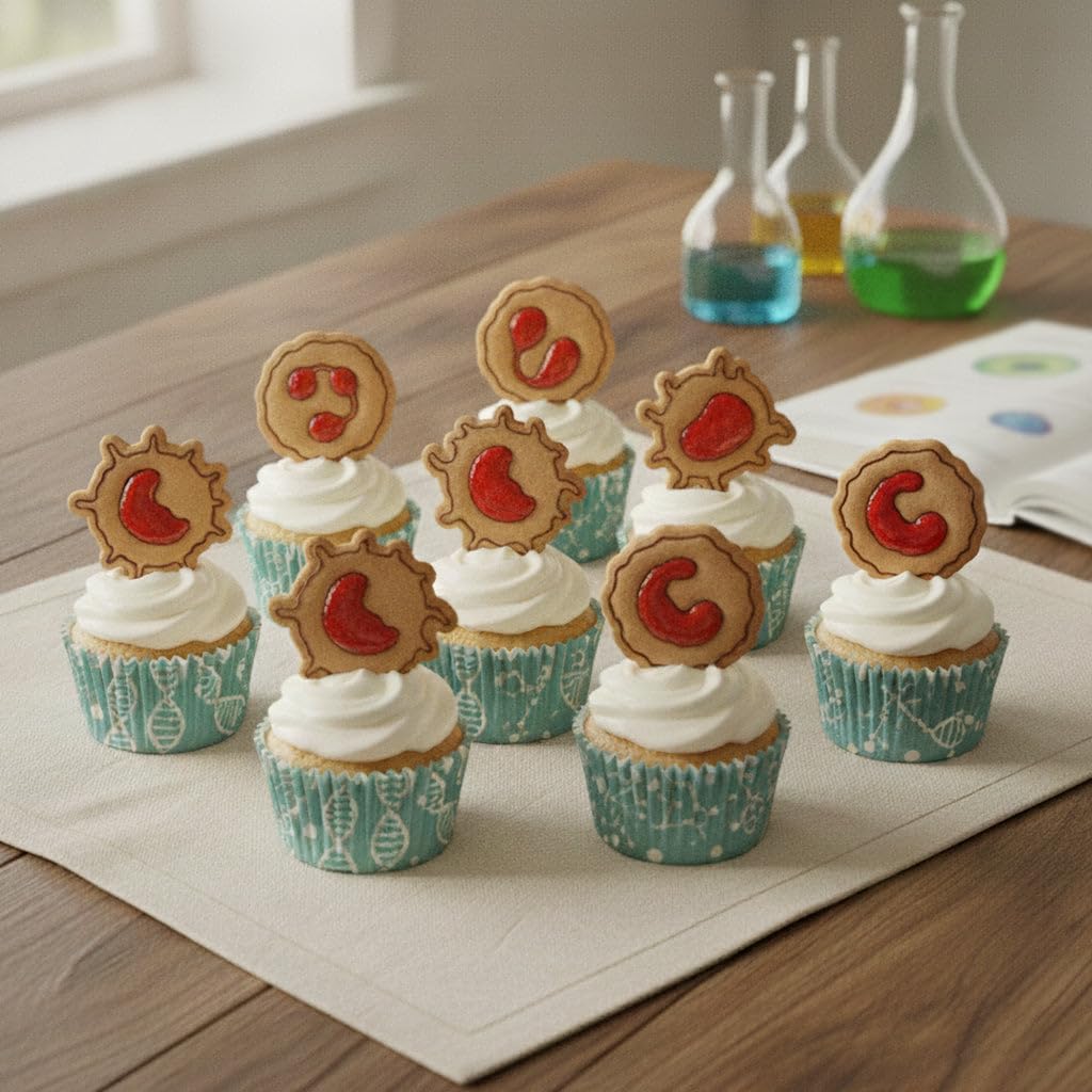 BAKERLOGY Set aus 5 Weiße Blutzellen Mini Keksausstechern & Stempeln – Neutrophiler, Monozyt, Lymphozyt, Eosinophiler & Basophiler Granulozyt Ausstechformen für Immunologie, Hämatologie & Medizin