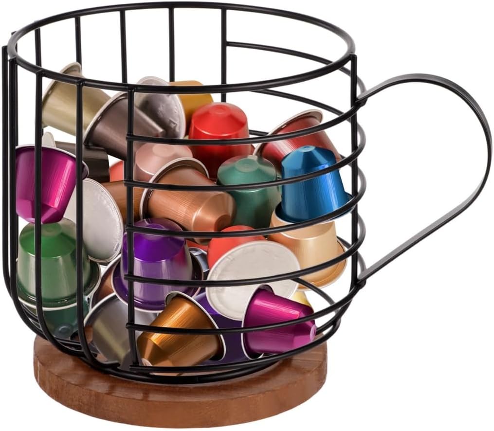 Coffee Pod Holder with Wooden Base, Large Storage Basket for K Cups and Capsules, Compact Organizer with Handle for Kitchen and Cafes