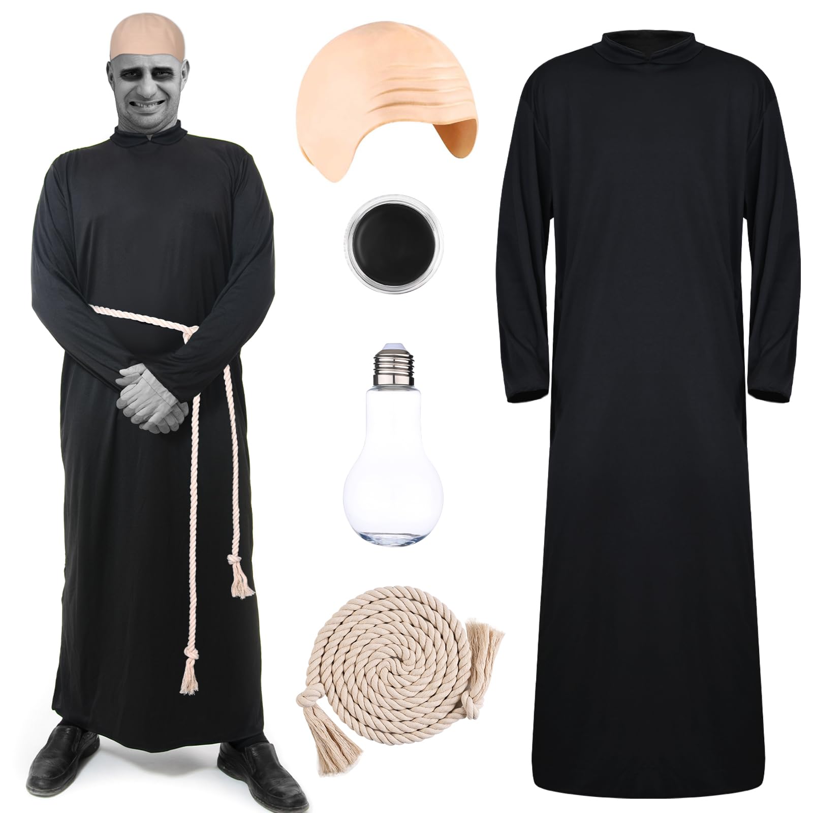 Kuscul5Pcs Halloween Uncle Costume Set Include Robe Cord Belt Bald Cap and Makeup Black Cream for Men Dress Up