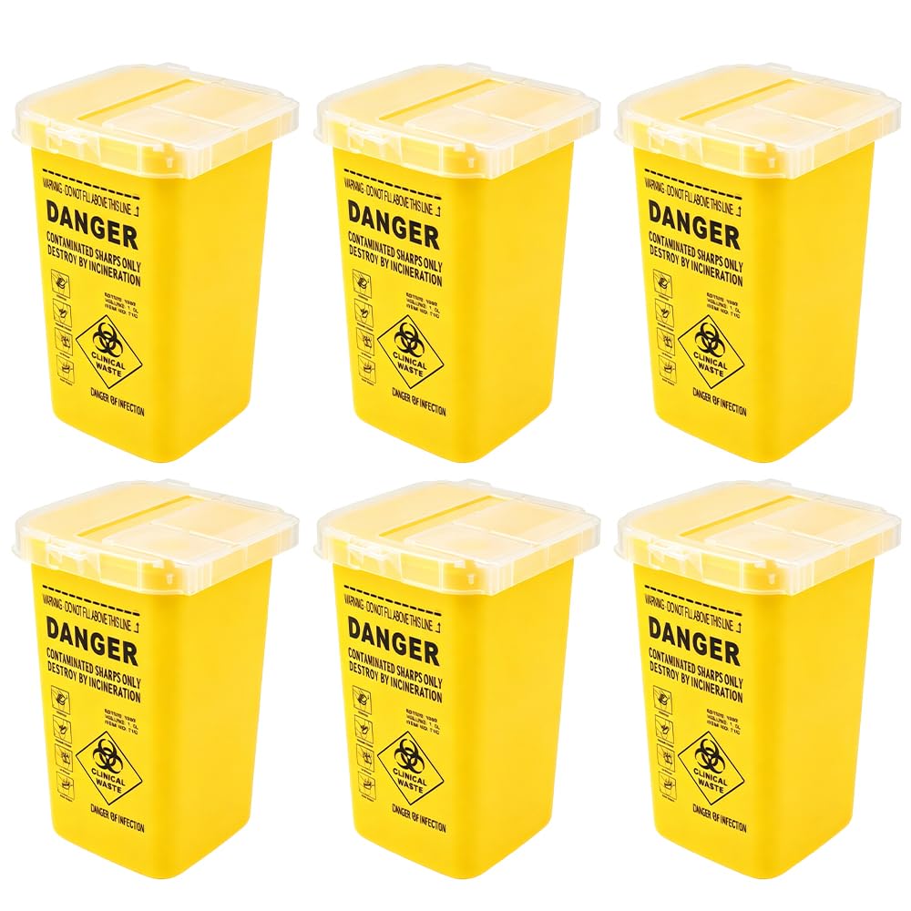 XPJBCK 6Pcs Boîte Pointue pour Conteneur D'aiguillest, 1L Boîte à Déchets de Canules avec Couvercle, Conteneur pour Aiguilles, Biohazard Boîte de Rangement pour Aiguilles, Seringues, Objets Tranchants