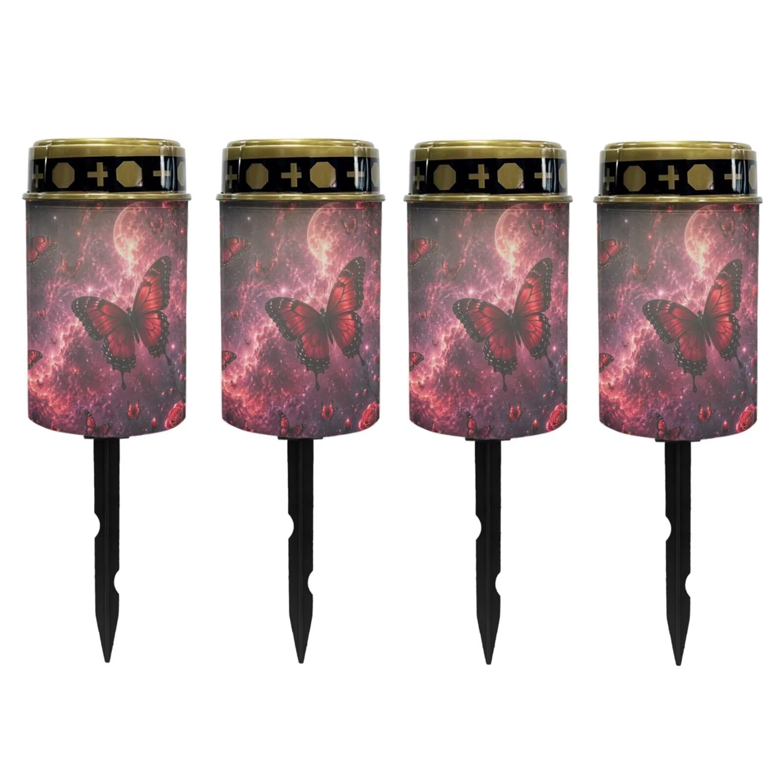 Poceacles Outdoor Solar Lights Solar Grave Candle Outdoor Waterproof Cemetery LED Candles for Cemetery Lawn Porch Outside Decoration, Butterfly Rose Galaxy Moon Red, Pack of 4