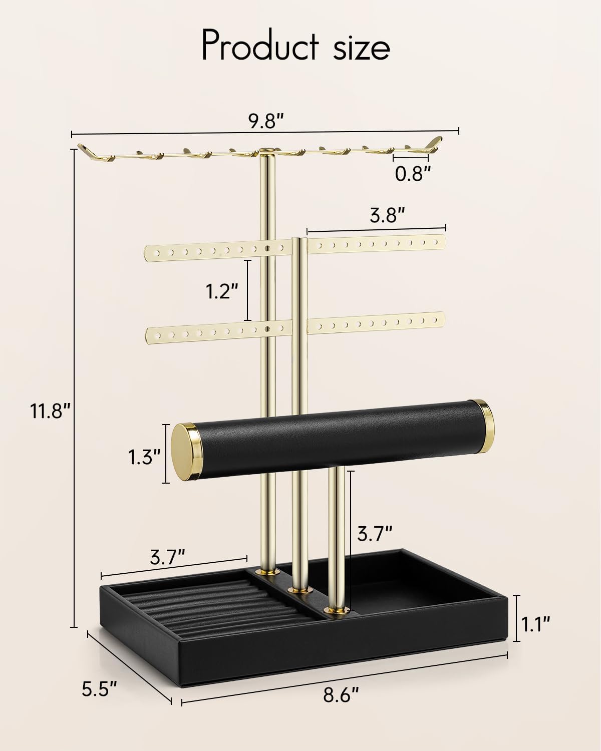Vlando 3 Tier Jewelry Stand Organizer with Tary, Leather Jewelry Holder Display for Women, Gold Jewlery Holder Display for Necklace, Earring, Bracelet, Rings - Black - Image 3
