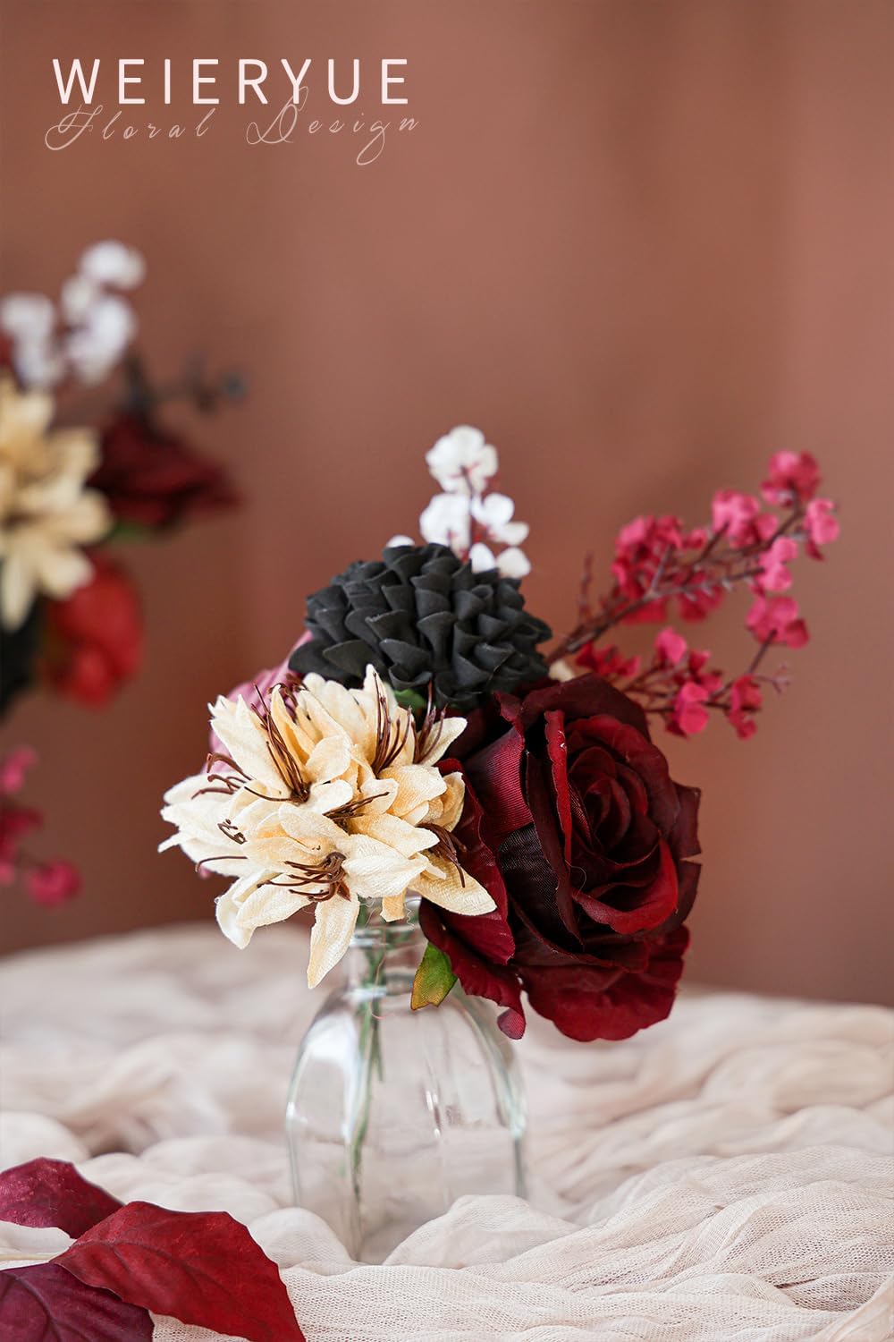 Artificial Flower Box Set Silk Fake Flowers DIY Center Cake Decoration Wedding Bouquet Corsage Home Decor Outdoor Decor Gift (Gothic Black and Red) - Image 5