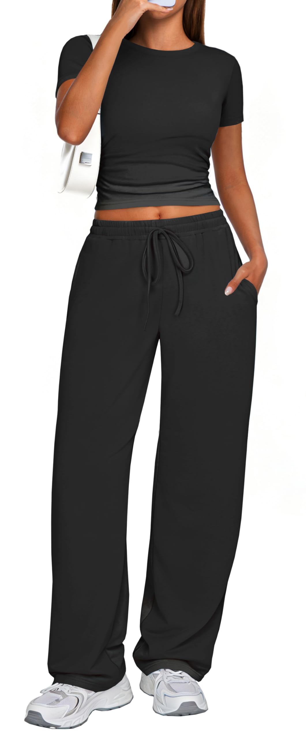2 Piece Matching Summer Sweatsuit Lounge Set Womens Wide Leg Pants Side Ruching Crop Top Sets