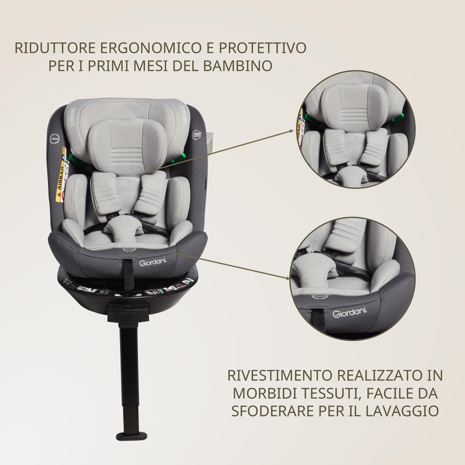 Giordani Crono Seggiolino Auto 40-150 cm i-Size, Base Girevole 360°, Connettori Isofix e Gamba di Supporto, 5 Posizioni dello schienale, Protezioni Laterali e Riduttore Neonato, Evolutivo 0-12 Anni