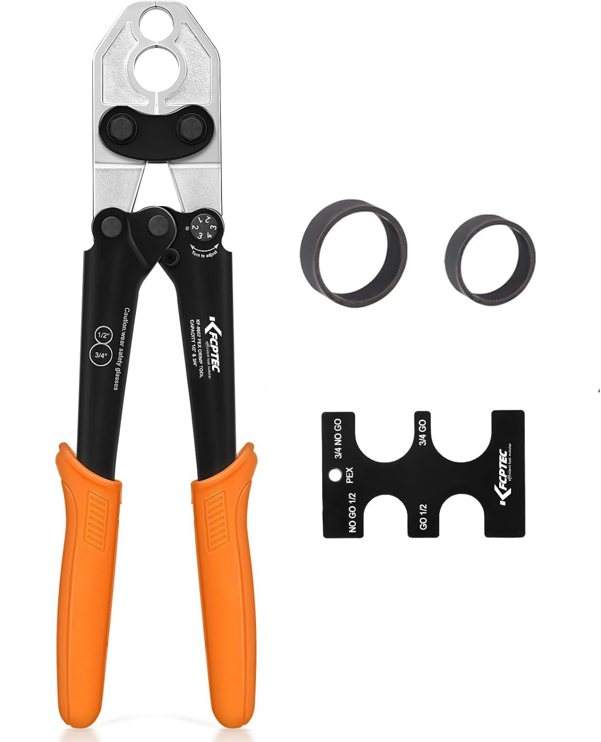 KF CPTEC PEX Clamp Tool Kit, 1/2" & 3/4" PEX Crimping Tool with Go/No-Go Gauge, ASTM F1807 Compliant, Chrome-Plated Jaw, Includes Assorted Accessories