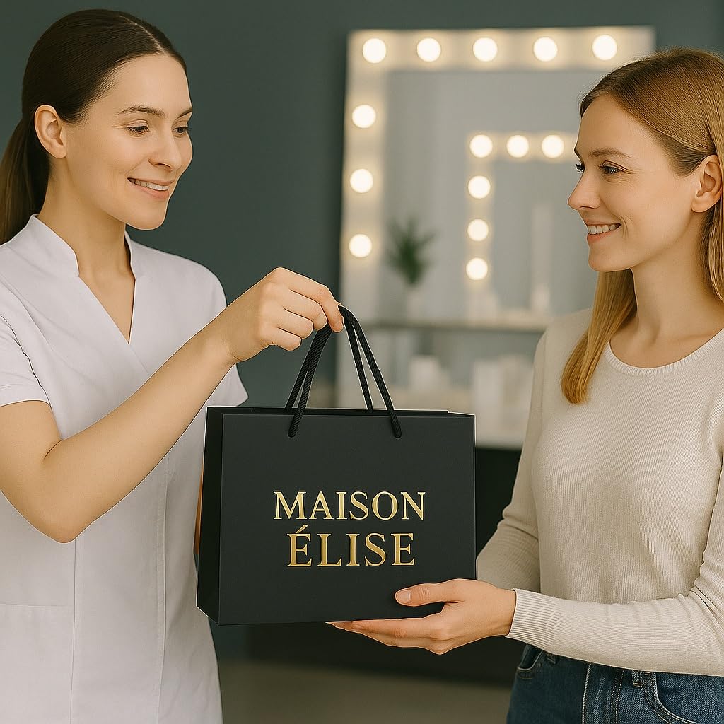 Pack 25 – Personalisierte Papiertüten Luxuriöse aus 250 g/m² Papier mit geflochtenen Griffen – Weiß Schwarz Camel –4 Größen– Mit Logo personalisierbar –Boutique- Made in France