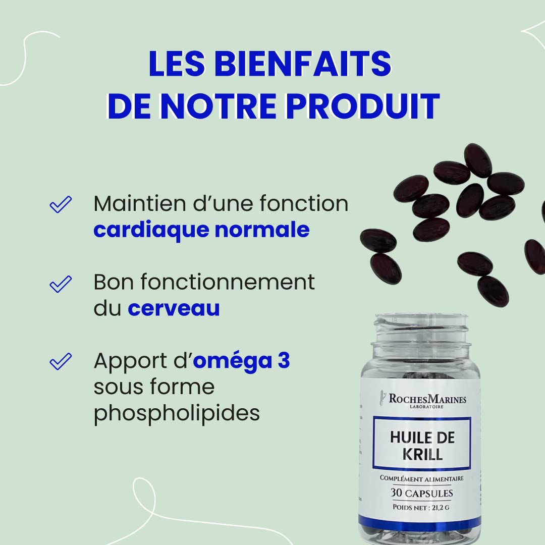 Roches Marines - Complément alimentaire Huile de Krill - Soutien cardio-vasculaire et cérébral - Apport d'oméga 3 sous forme phospholipides - 30 capsules - Développé en France
