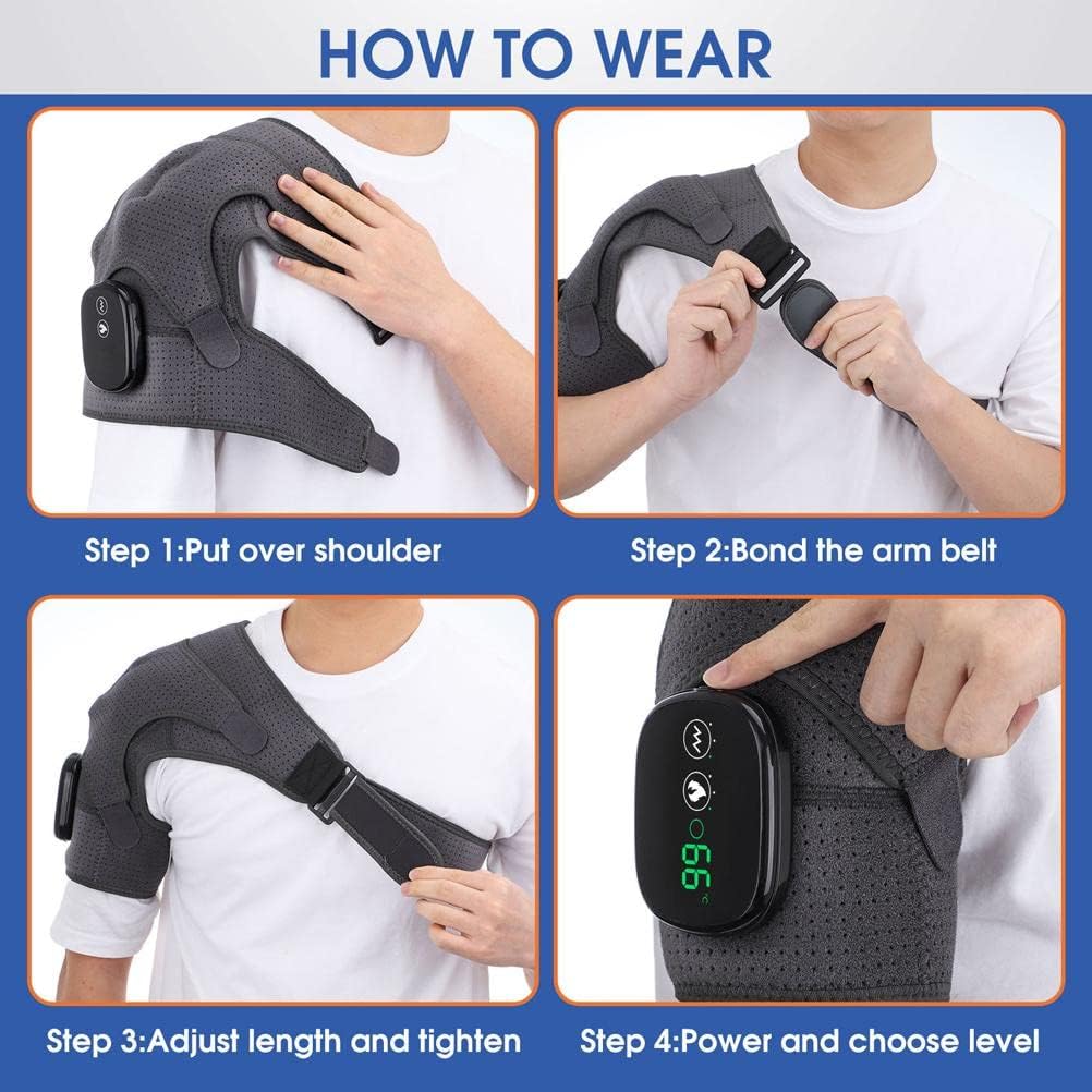 Massage Heating Shoulder Brace, Heating Pad with 3 Vibration Temperature Settings, Adjustable Bracket with LED Display