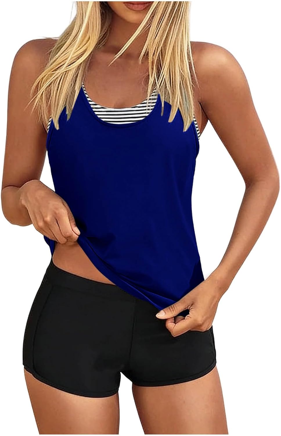HGps8w Women's 3 Piece Tankini Swimsuits Raceerback Swim Top with Boyshorts Bottom Striped Two Piece Bathing Suit