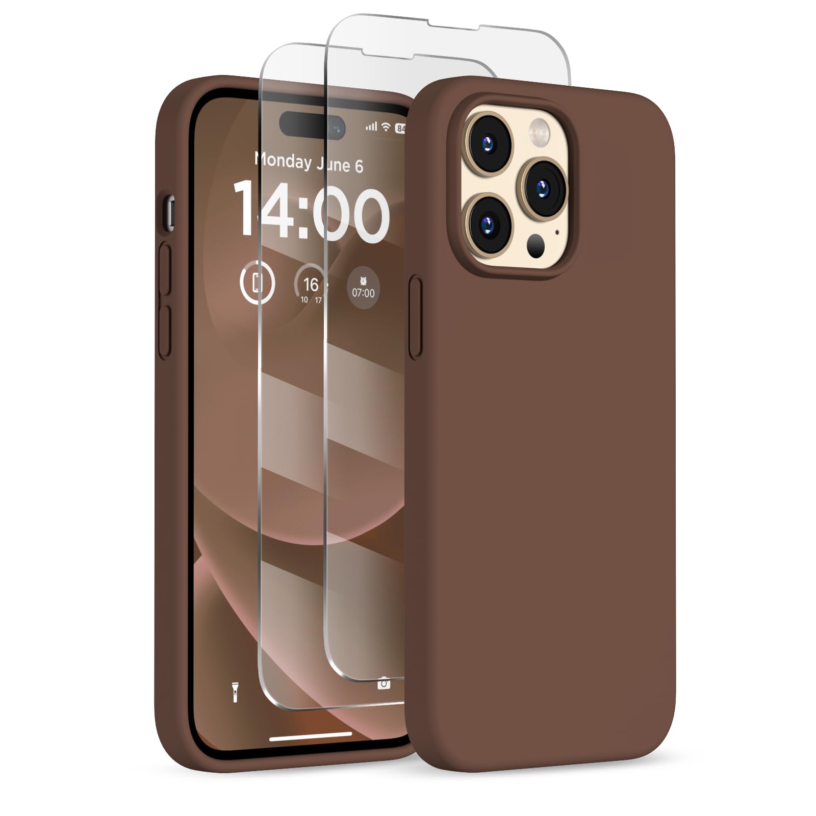 COFFKER Designed for iPhone 14 Pro Max Case, Liquid Silicone Case [2X Screen Protectors], Shockproof Slim Thin Protective Phone Case with Soft Anti-Scratch Microfiber Lining, 6.7 inch, Chocolate