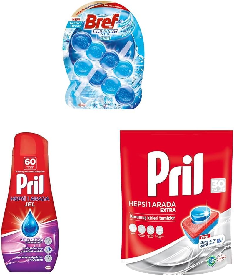 Bref WC Brilliant Jel Buzul Okyanus Kokulu + Pril Hepsi 1 Arada Jel Standart + Pril Hepsi Bir Arada Extra Tablet Bulaşık Deterjanı 30 Yıkama (1 x 30 tablet)