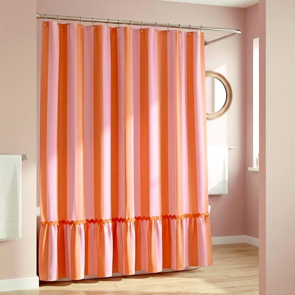 Boomkin Pink and Orange Striped Shower Curtain with Ruffle and RIC Rac Trim | Playful Vintage Bathroom Curtain, Whimsical Maximalism Aesthetic Bath Decor, Water-Resistant Fabric Bath Curtain 72 x 72 Inch
