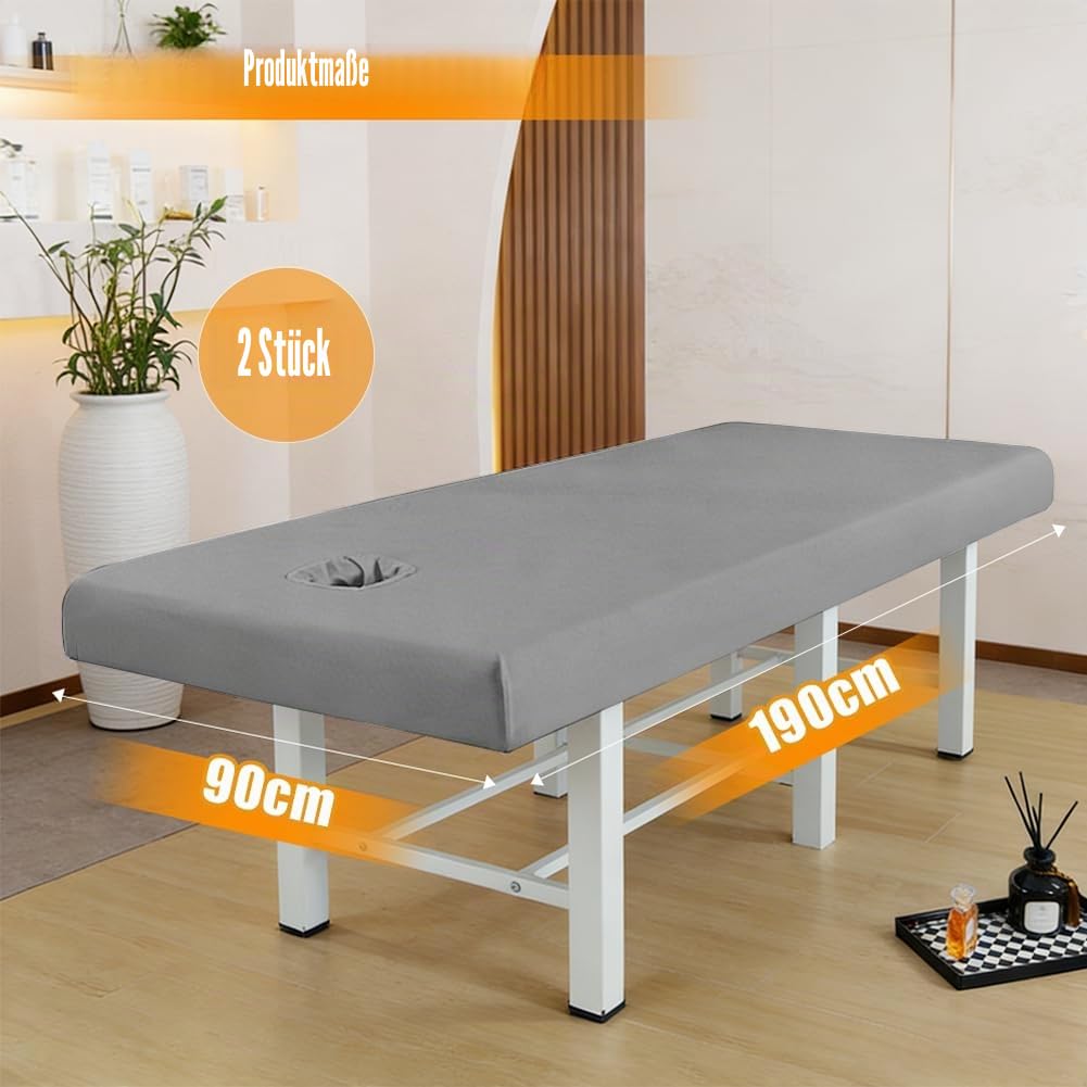 2 Stück Spannbezug für Massageliege mit Loch, 80 x 190cm Wasserdicht und Ölbeständig Bezug für Massageliegen, Waschbar Massageliege Bezug für Kosmetik-Tische, Spa, Schönheits (Grau)