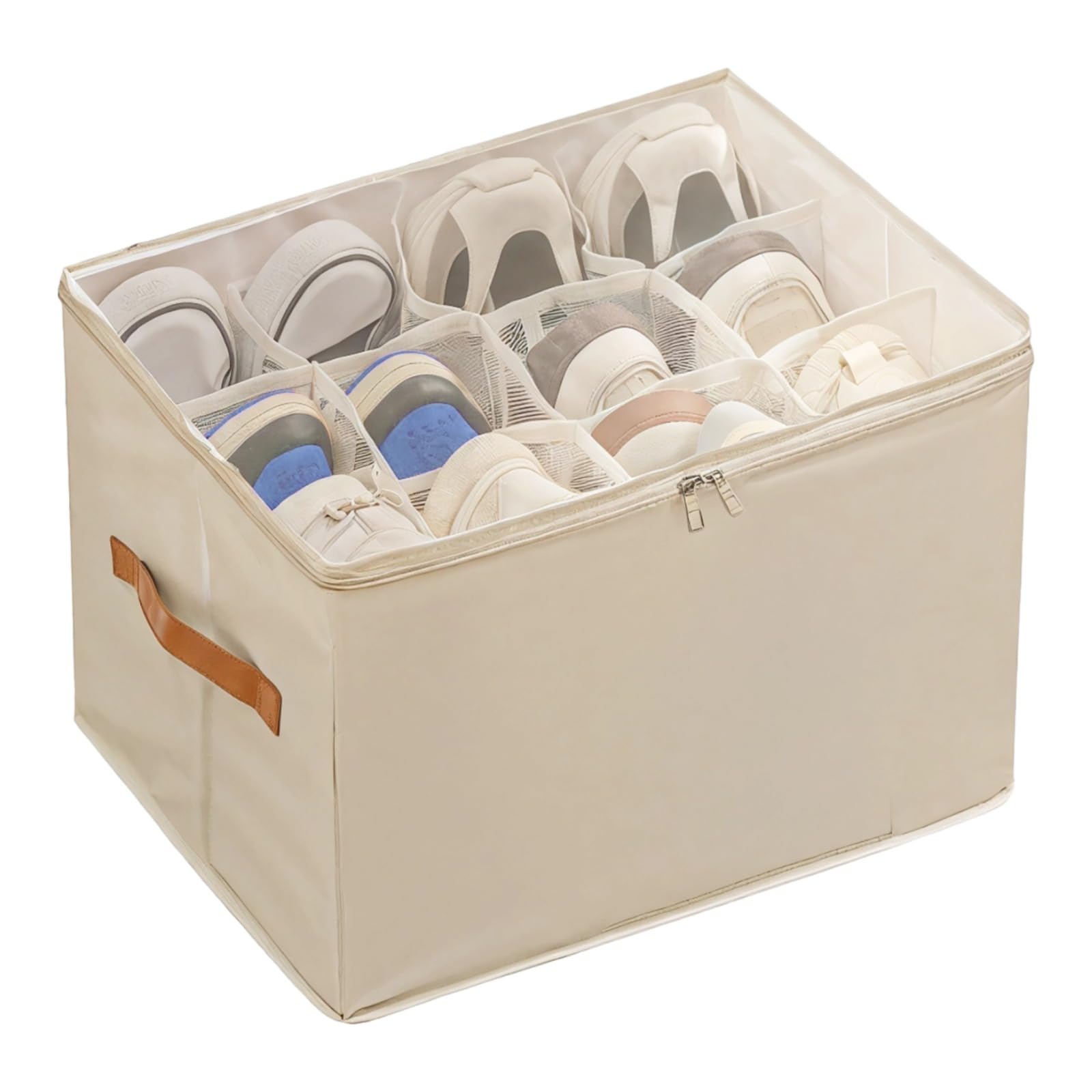 Packool Beige Foldable Shoe Organizer, Space-Saving Stackable Fabric Shoe Storage Containers Shoe Box With Clear Zipper Lid For Closet