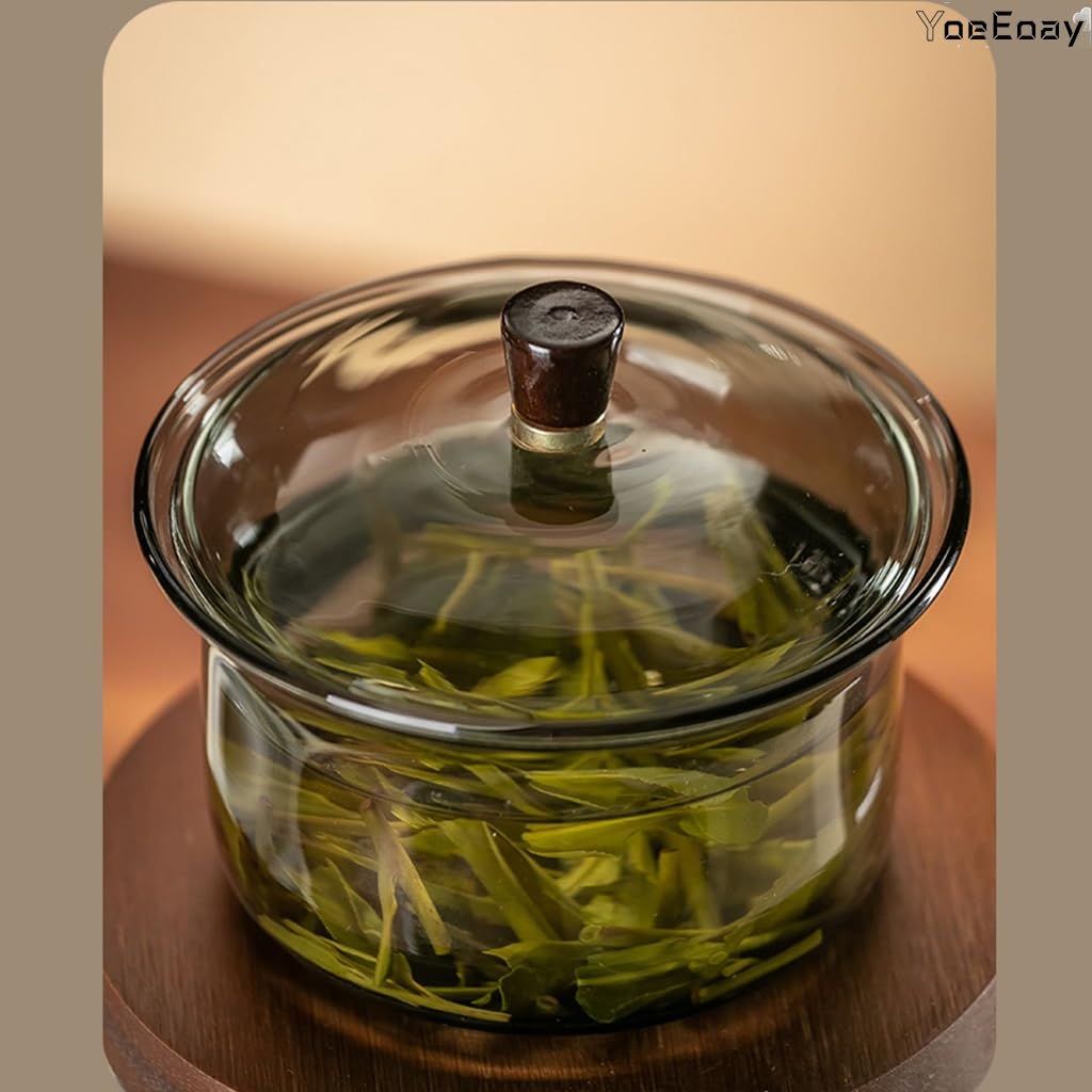 Hochwertig Lazy Tea Set Vintage Teekanne Holzsockel Hitzebeständiges Glas - Teeset, Magnetische Wasserumleitung, Halbautomatisches Teeset Ideal Für Grüntee, Kräutertee Und Tee (Durchscheinend)