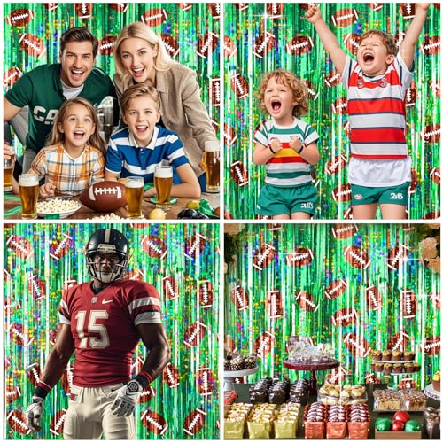 Image of 2 Packs Football Foil Fringe Curtain, Green Glitter Metallic Tinsel Backdrop for Birthday, Baby Shower, Super Bowl, Football Party Decorations Supplies