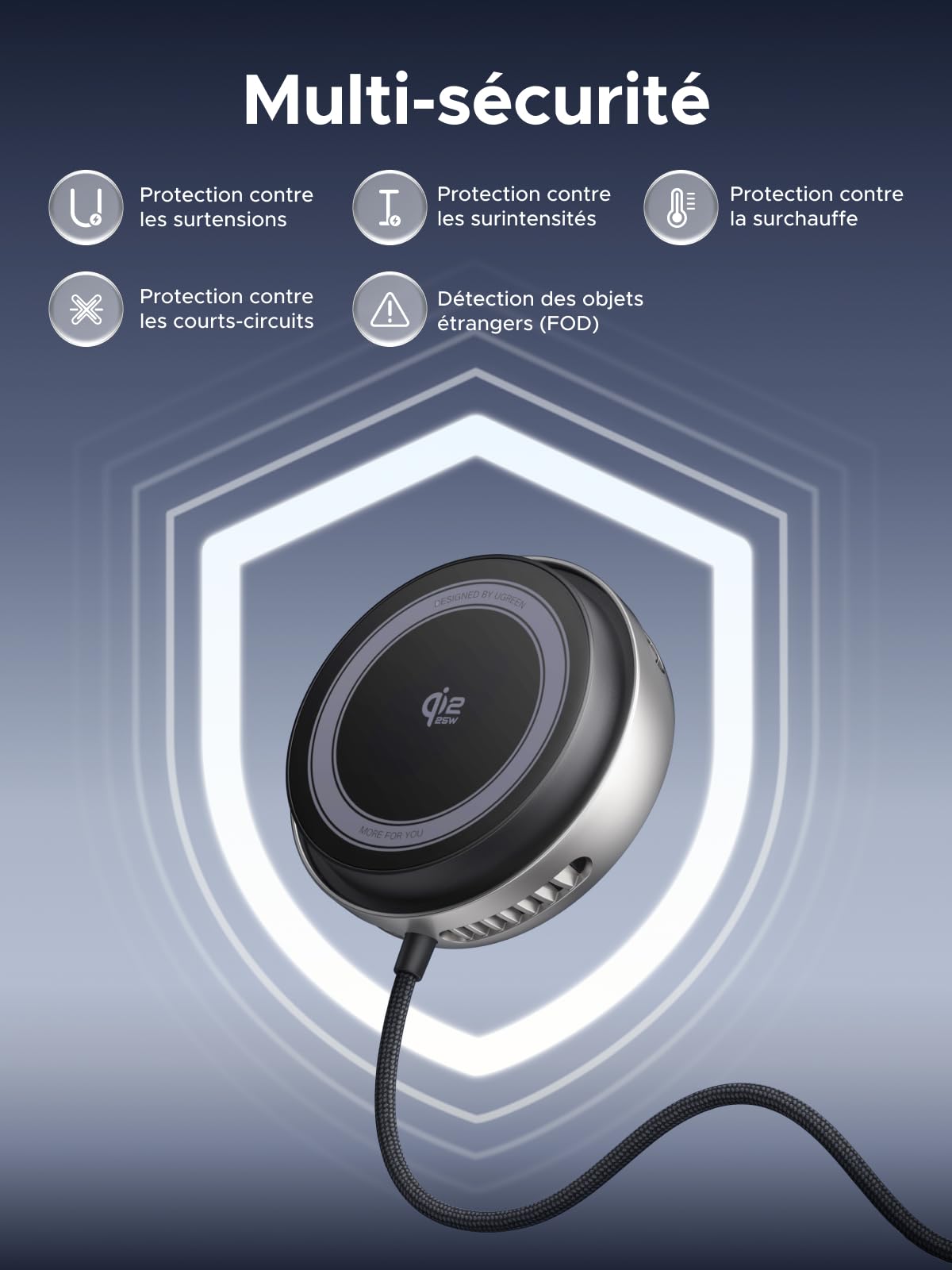 UGREEN MagFlow Pro Qi2 25W Chargeur Induction iPhone MagSafe Charge Rapide | Compatible avec iPhone 17/16/15/14/13/12 Air Plus Pro Max, AirPods 4/3/Pro/2/3, Refroidissement TEC Actif Ventilateur Intégré