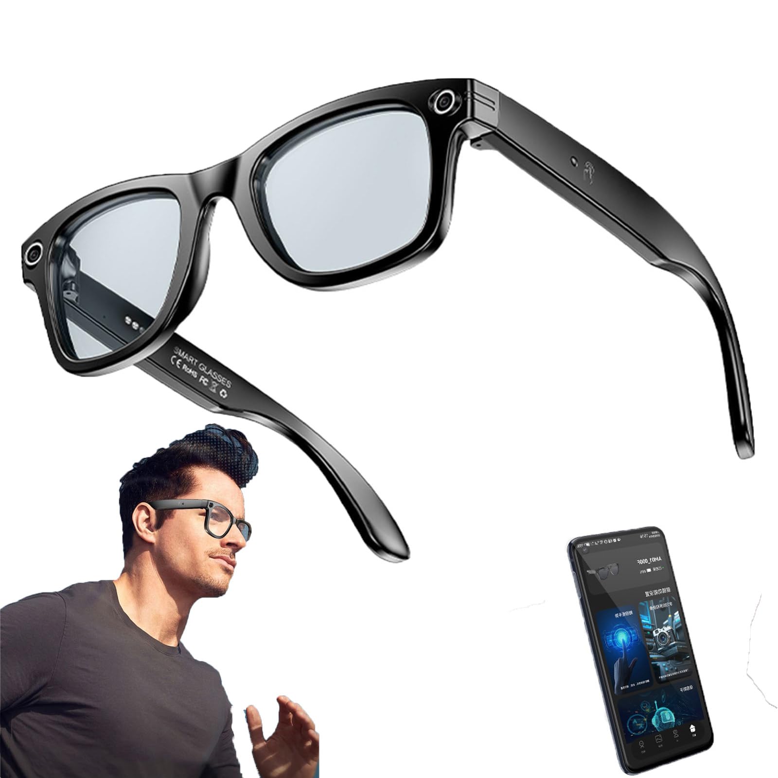 Lunettes Intelligentes Ia Pour Hommes/Femmes, Avec Caméra Ip65, étanches, Bluetooth, Appels, Lecture De Musique, Lunettes Intelligentes, Identification Des Images,BlackFrame