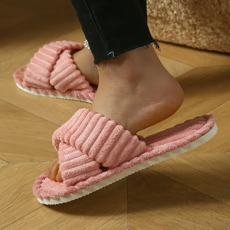 Image of SILENCIO Slippers for Women House Bedroom Furry Cross Bands Slide Shoes Anti-Skid Sole Open Toe Slippers Indoor & Outdoor
