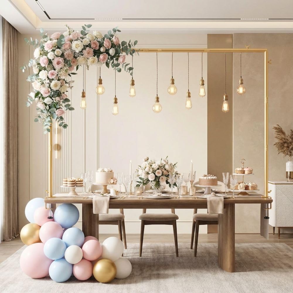 TERRE JARDIN Arche de Table Extensible Métal Doré - Support Décoration Réglable 79 à 280 cm avec Pinces - Cadre Arche Métal pour Ballons, Mariage, Anniversaire, Noël