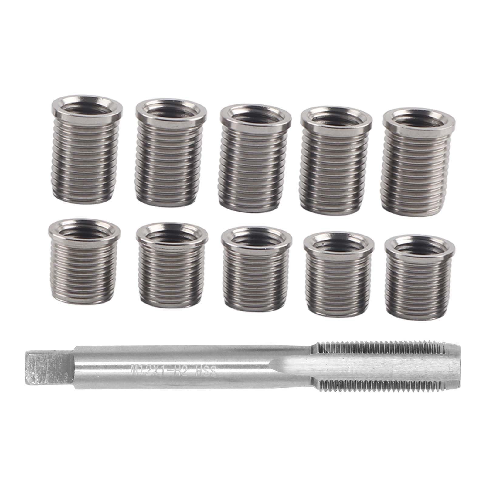 Kit de reparación de roscas de bujía, 10 insertos roscados M10x1.0 y 1 macho roscado M12x1.0, herramientas para grifo de la bujía para la reparación de