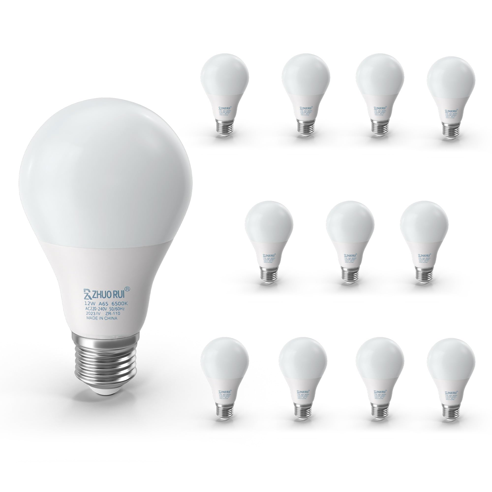 KING ON ZHUO RUI (Pack of 12) LED Bulb 12W A65 Edition Screw LED Light Bulbs,6500K Super Bright LED Frosted Bulb,ZR-110 50/60Hz No Flicker Energy Saving LED Bulb,Non-Dimmable LED Lights