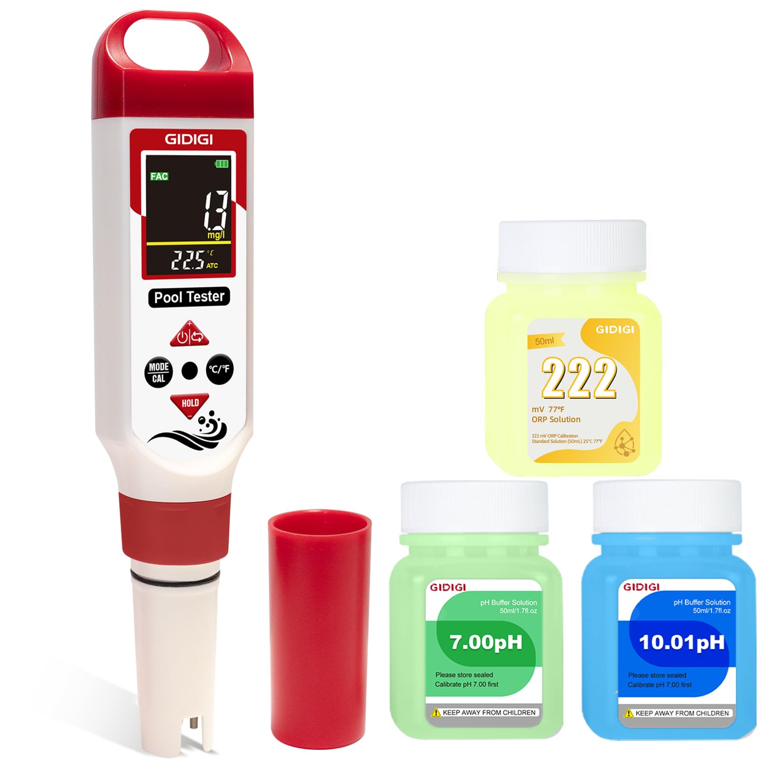 7-in-1 Poolwasser Tester für freies Chlor (FAC), pH Wert, Redoxpotenzial (ORP), Salzgehalt, EC, Gesamtfeststoffgehalt (TDS) Digitaler Chlortester für Salzwasserpools, Whirlpools, Hydrokulturen
