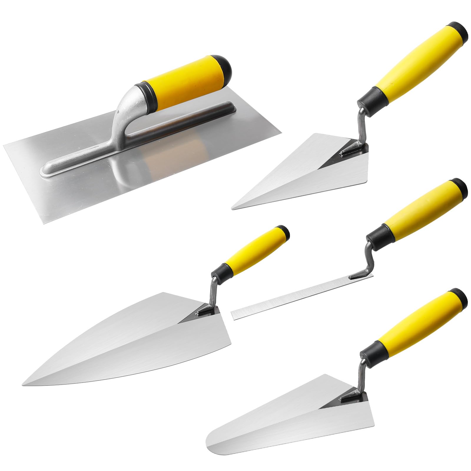 Truelle 5 pièces, truelles de maçon en acier inoxydable, truelle Pointue, truelle de jauge avec manche en caoutchouc, outil de stucage pour masses de plâtre, béton
