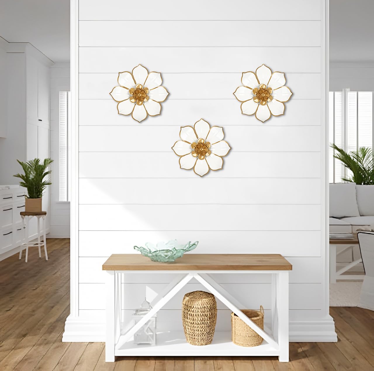 Arborus 3 pezzi da 24,9 cm in metallo oro bianco arte da parete 3D moderna decorazione da parete fiori opere d'arte in metallo per camera da letto soggiorno decorazione da parete domestica