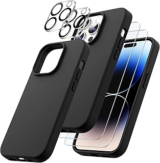 JETech 3 in 1 Silicone Case for iPhone 14 Pro 6.1-Inch, with 2-Pack Screen Protector and 2-Pack Camera Lens Protector, Full Coverage Tempered Glass Film, Shockproof Phone Cover (Black)