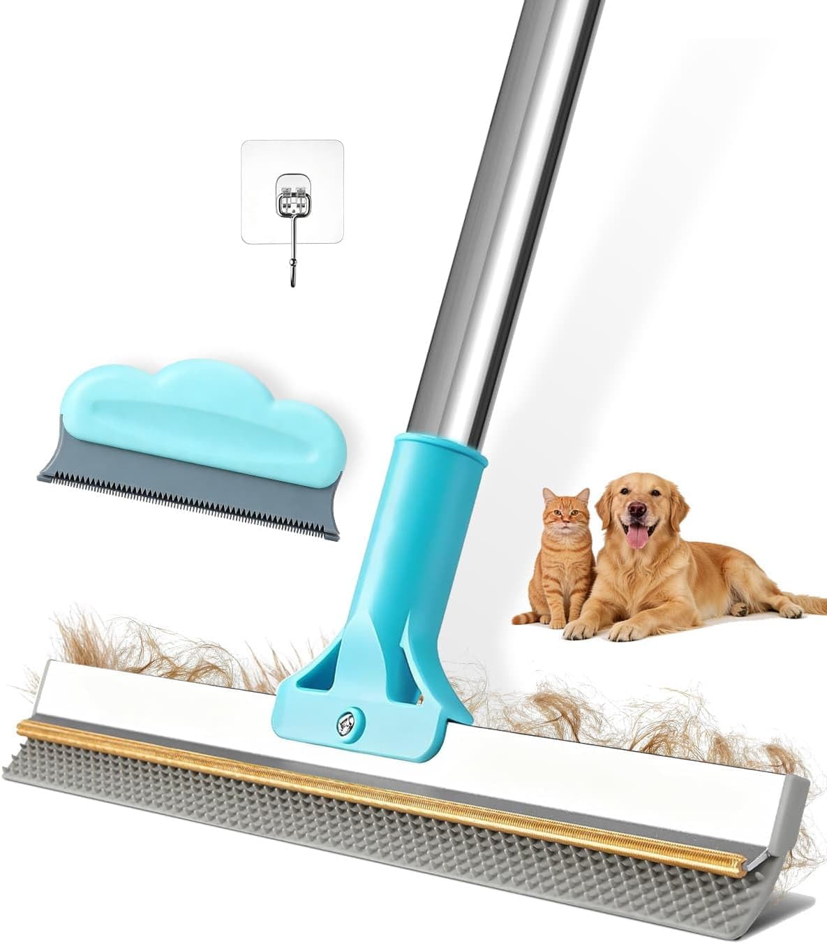Carpet Rake for Pet Hair Removal, Upgraded Reusable Carpet Scraper Broom with 54” Adjustable Long Handle, Dual-Sided Metal & Silicone Brush, Cat & Dog Hair Remover Tool for Rugs, Mats, Stairs