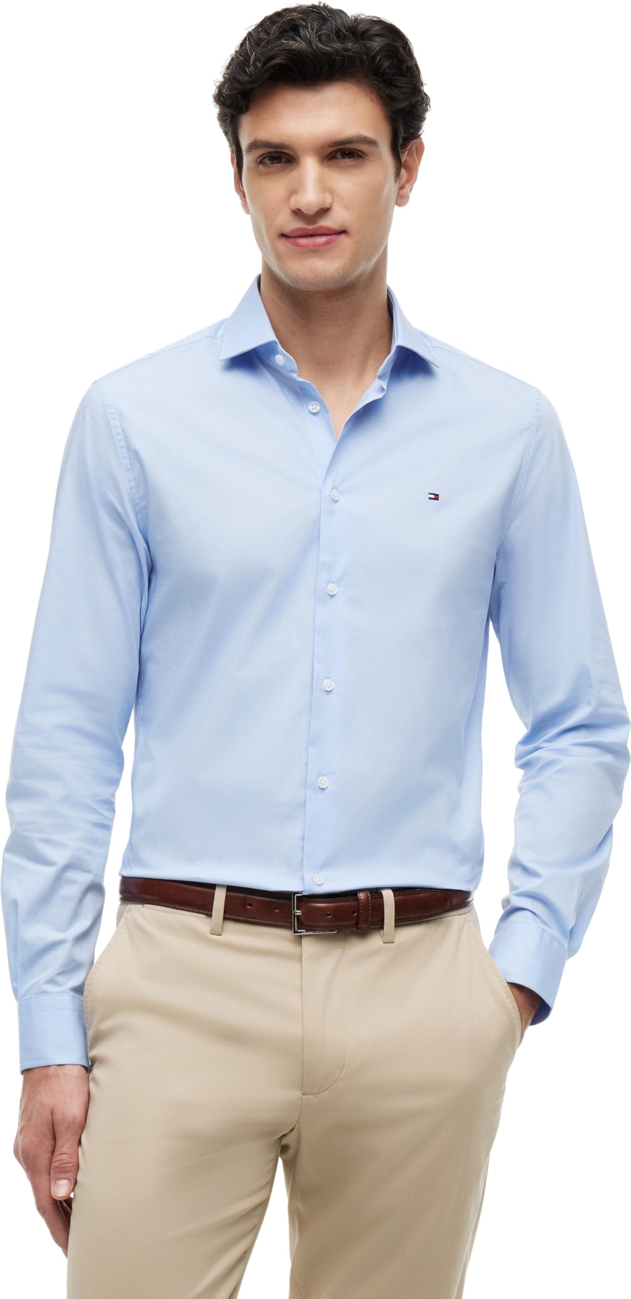 Tommy Hilfiger Men's Long Sleeve Shirt, Blue (Custom Color Light Blue), 38