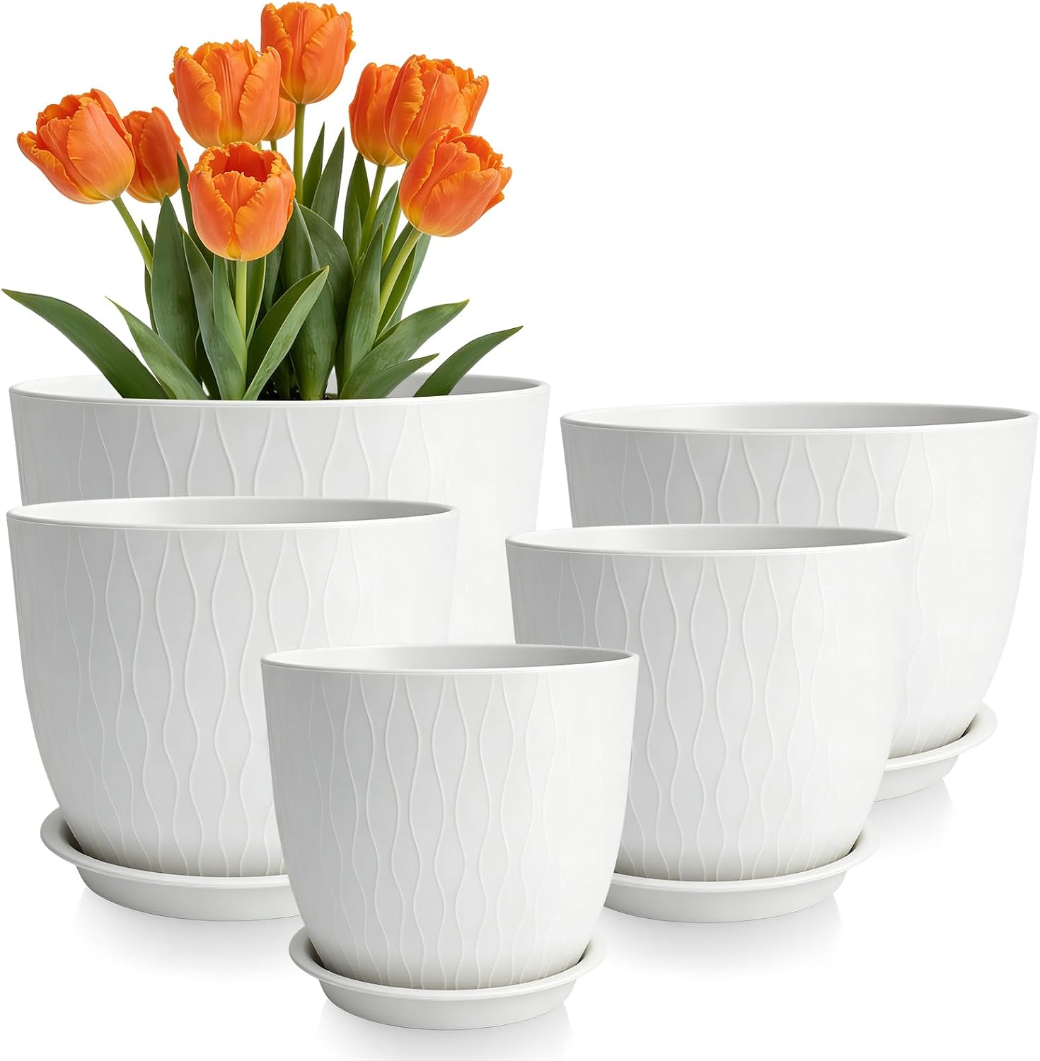 GARDIFE Plant Pots 10/9/8/7.5/7 Inch Plant Pots, Set of 5 Plastic Planters with Drainage Holes and Saucers,Plastic Flower Pots,Nursery Planting Pot for Indoor Out Door Plants (White)