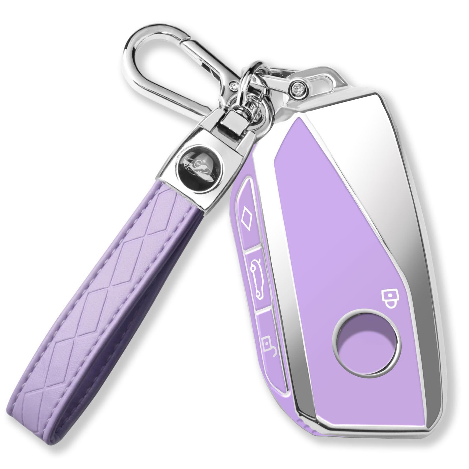 QBUC for BMW Key Fob Cover with Keychain Chrome Silver Trim Soft TPU Protection Case Compatible with 2023-2025 BMW 7 Series 740 760i I5 I7 IX X1 X5 X6 X7 XM (Purple)