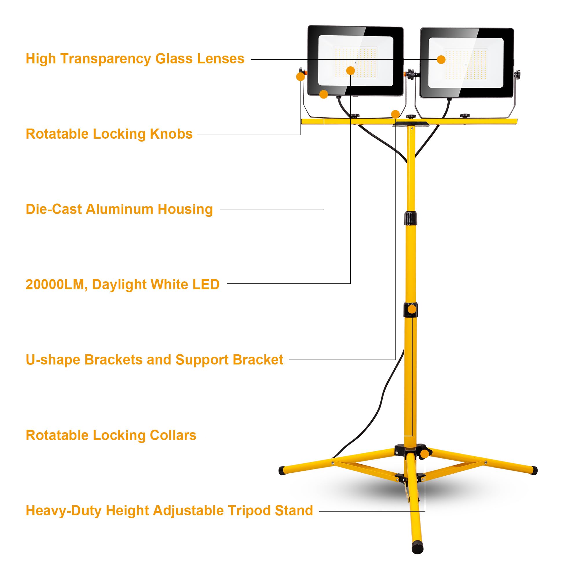 Oświetlenie robocze 20000 lumenów ze stojakiem, 200 W, podwójna głowica LED, wodoodporna lampa z indywidualnym przełącznikiem, regulowany metalowy statyw teleskopowy