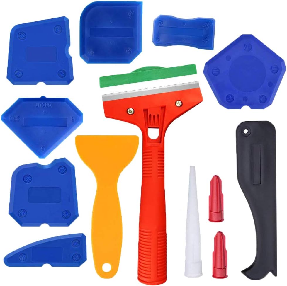 13 Pieces Caulking Tool Kit,Caulking Remove Tools Silicone Sealant Finishing Tool Grout Scraper, Caulk Remover and Caulk Nozzle and Caulk Caps for Kitchen Bathroom,Window,Sink,Kitchen