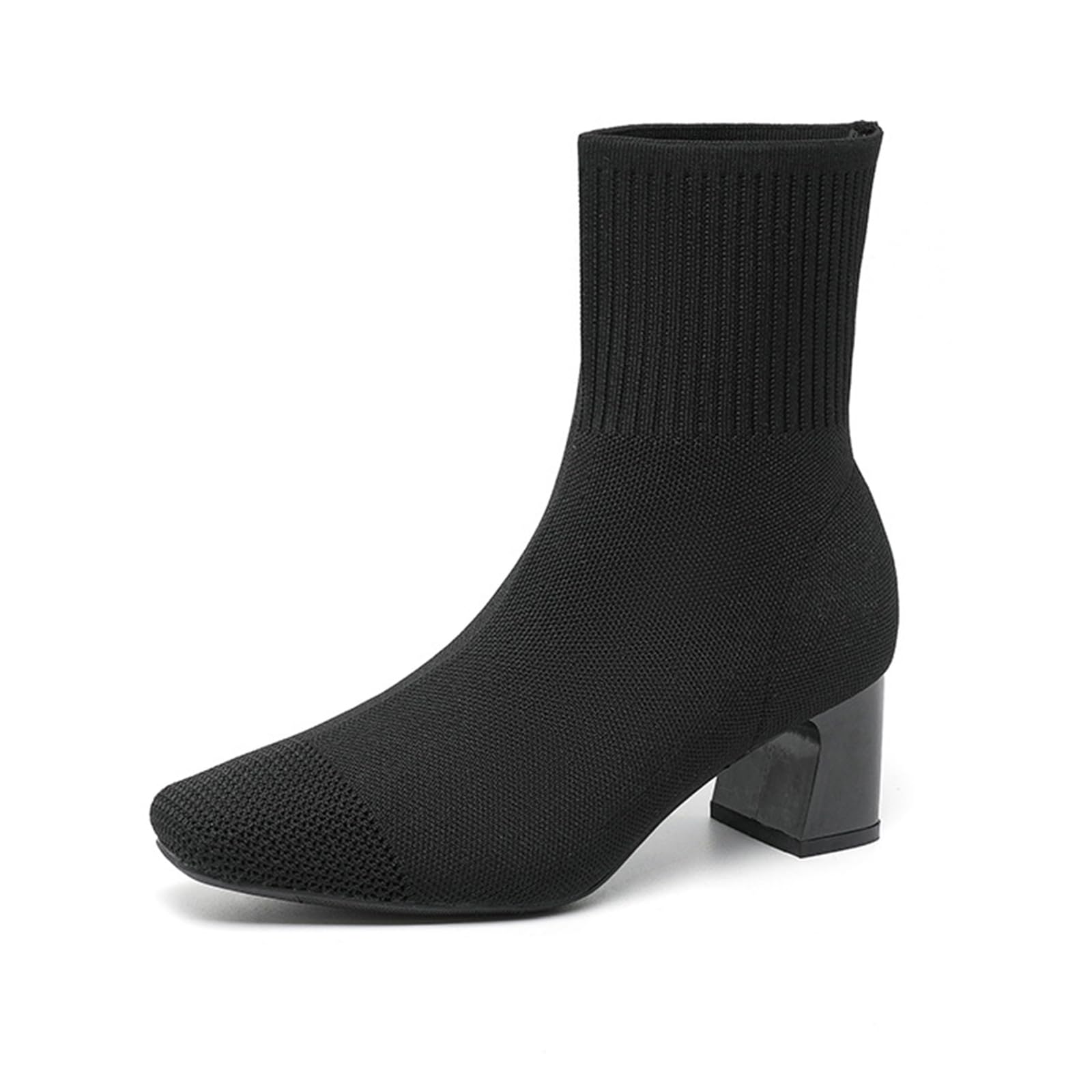 Womens Elastic Knit Fashion Block Heel Ankle Boots Comfort Breathable Square Toe Slip On Casual Chunky Heel Sock
