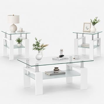 Meihua Glass Coffee Table and End Table Set of 3, Modern Living Room Table Set with Tempered Glass & Metal Frame, Double-Layer Side Tables Clear Glass + White Leg, Set of 3