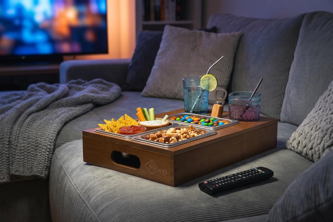 Couchbar aus Bambus mit 2 Getränkehaltern & 3 Edelstahlschalen – Sofa Organizer & Snackbox für Filmabend, Gaming & Serienabend – Sofatablett mit Snackschalen, Couch Butler 40 x 26 cm