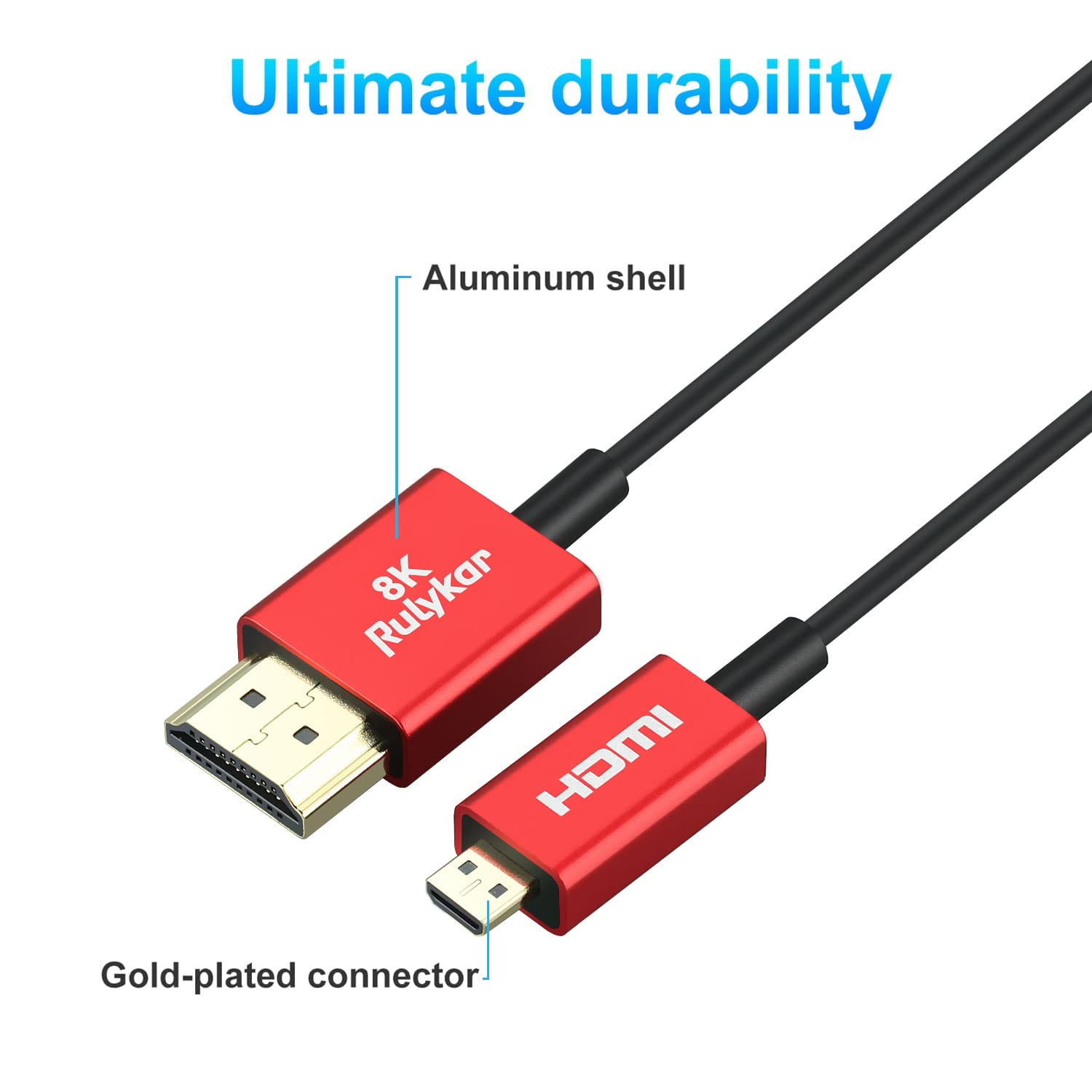 Krótki, cienki kabel 8K Micro HDMI na HDMI, 0,3 m, ultra-High-Speed-48 Gbit/s, kabel Φ2,5 mm, 8K @ 60 Hz, 4K @ 120 Hz, kompatybilny z Hero 7, 6, 5, A6000, A6300 A6300 B500 3 Pro i innymi